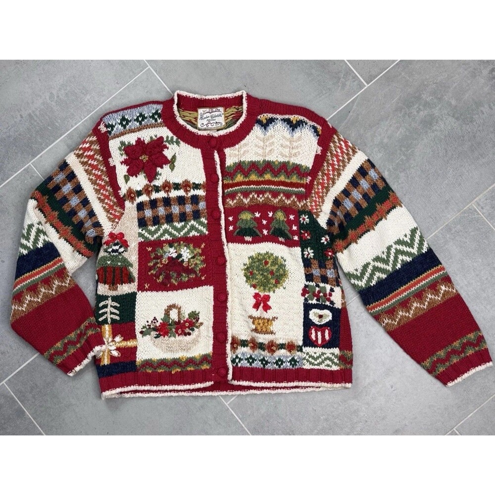 Vintage 90s Heirloom Collectibles Christmas Cardigan Sweater Small Patchwork